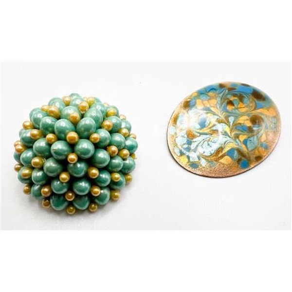 2 BROOCHES- BLUE COLORS/ GOLD TONE
