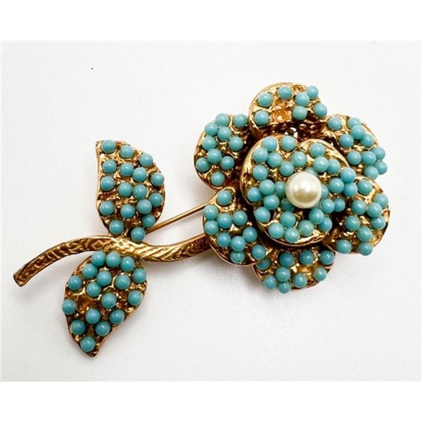 TURQUOISE FLORAL STONE BEAD BROOCH