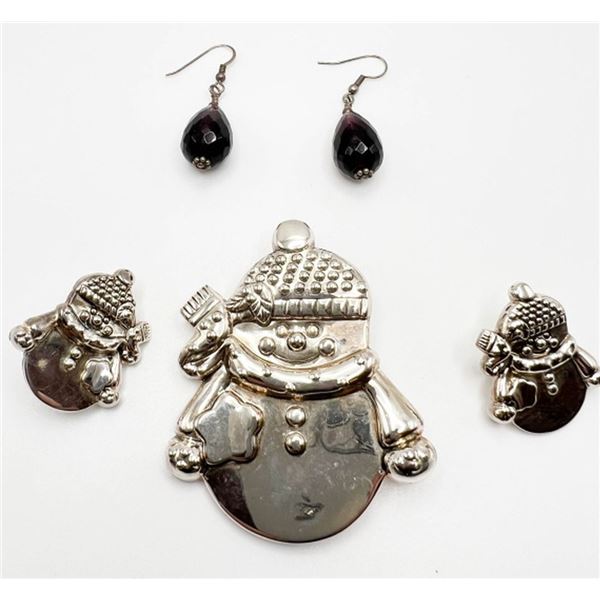 SNOWMAN BROOCH & EARRINGS SET, +