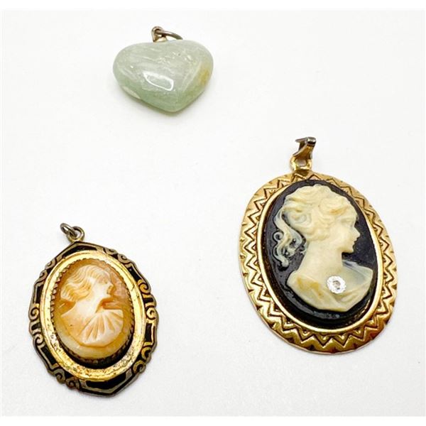 3 PENDANTS-- 2 CAMEO  & GREEN STONE