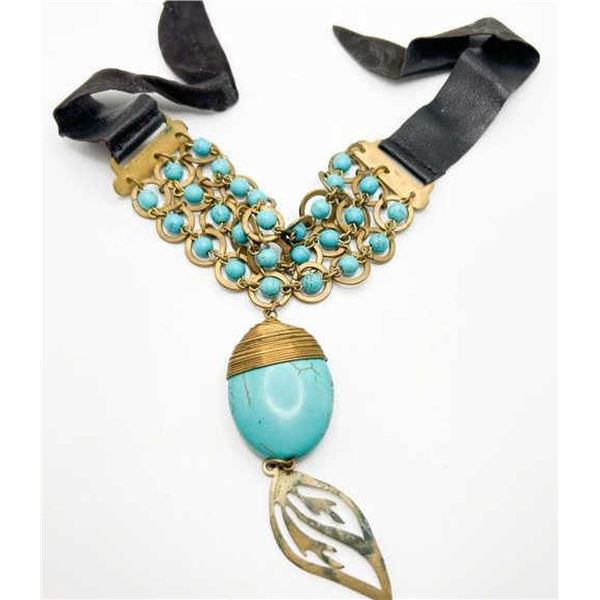 TURQUOISE COLORED NECKLACE W. RIBBON NECK