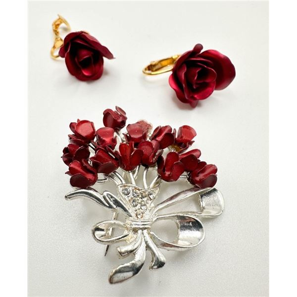 ROSES FLORAL BROOCH, EARRINGS