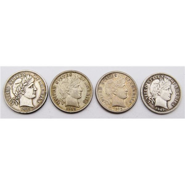 (4) BARBER DIMES F/VF 1903, 1907, 1912-D, 1913