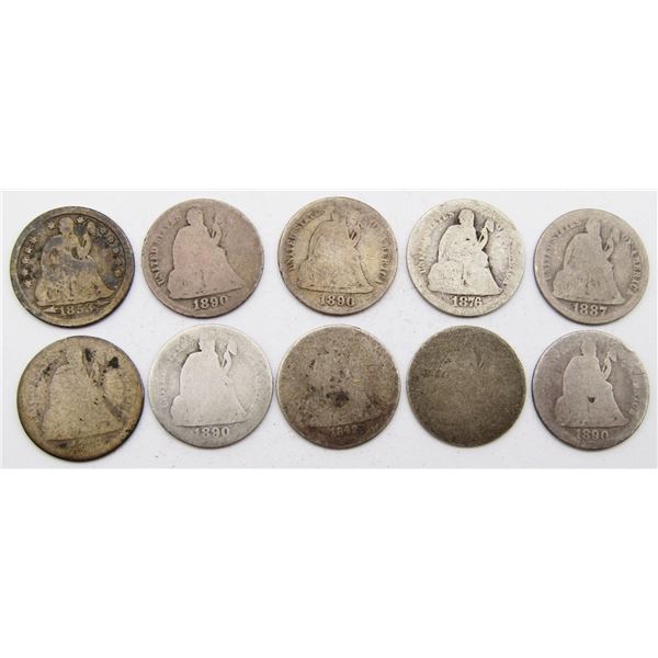 (10) SEATED DIMES ABOUT GOOD - HEAVY CIRC