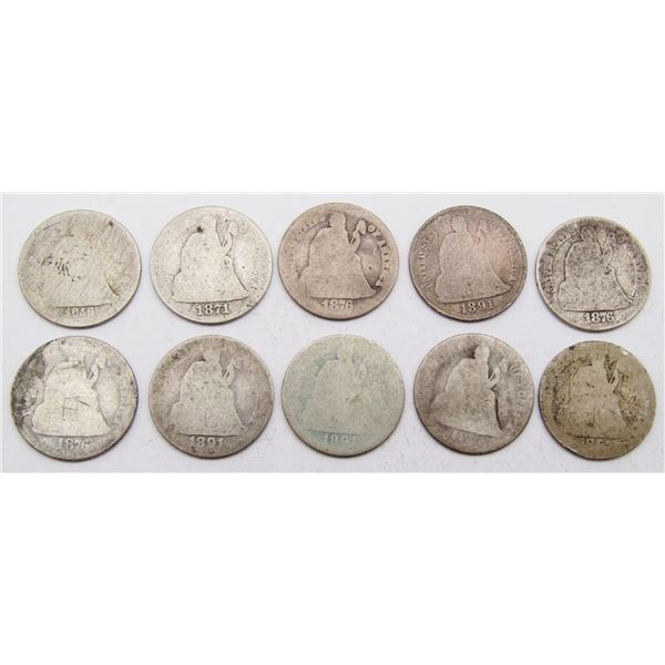 (10) SEATED DIMES ABOUT GOOD - HEAVY CIRC