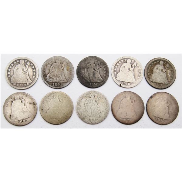 (10) SEATED DIMES ABOUT GOOD - HEAVY CIRC