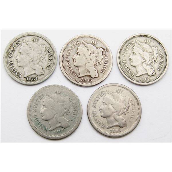 (5) THREE CENT NICKELS (3) 1865, 1867, 1881