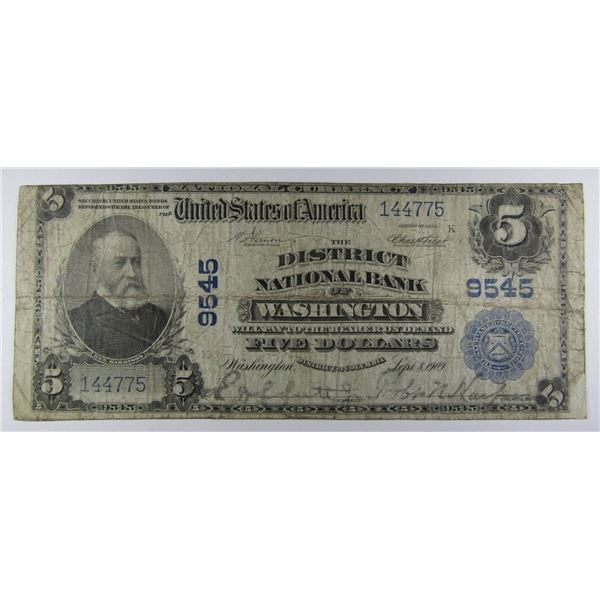 1909 $5 NATIONAL CURRENCY WASHINGTON DC