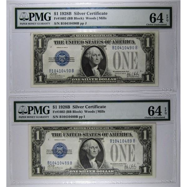 (2) PMG 64 1928 SILVER CERTS CONSECUTIVE #