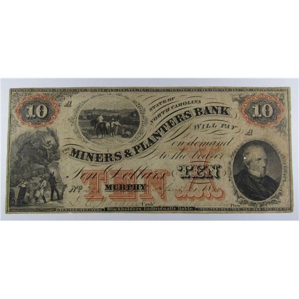 1860 $10 MINERS & PLANTER BANK NOTE