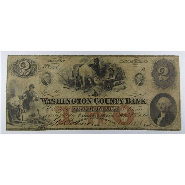 1860 $2 WASHINGTON COUNTY BANK NOTE