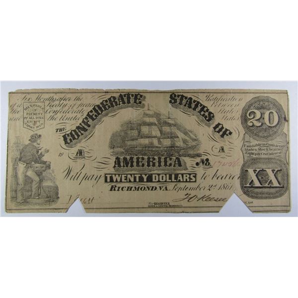1861 $20 CONFEDERATE STATES of AMERICA