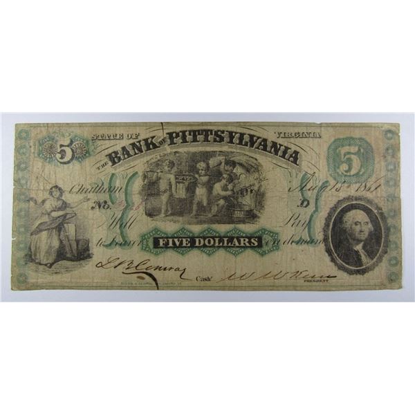 1861 $5 BANK of PITTSYLVANIA NOTE