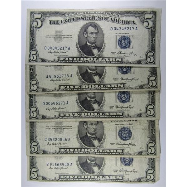 (5) 1953 $5 SILVER CERTIFICATES (5) 1953 $5 SILVER CERTIFICATES