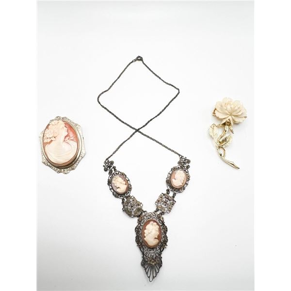 ANTIQUE? TRIPLE CAMEO NECKLACE +