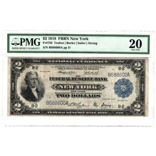 1918 $2 New York Battleship, NY Federal Reserve Banknote, PMG VF 20