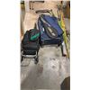 Image 1 : SHOPPING CART WITH YOGA MAT, SPORT RACKETS, CRUTCHES, SKIS, LUGGAGE BAG AND TRUCK STEP RAILS