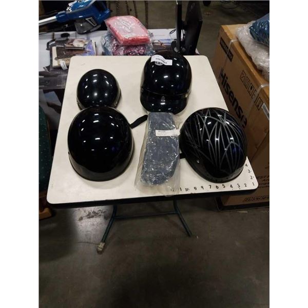 DENCO MOTORCYCLE FOOTPADS, 2 SIZE LARGE DOT HELMETS AND 2 OTHER HELMETS