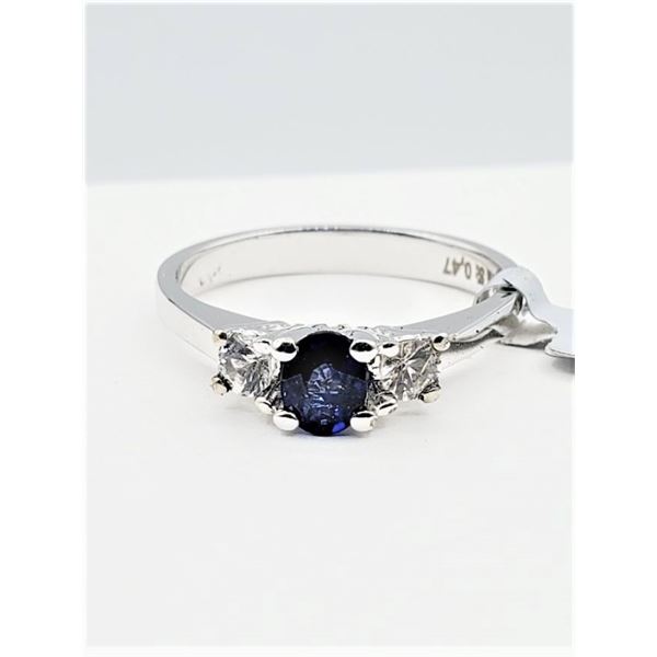 NEW 14KT. WHITE GOLD 5MM X 4MM NATURAL SAPPHIRE (0.47CTS) & DIAMOND (0.032CTS) RING, W/A $2120.00, S