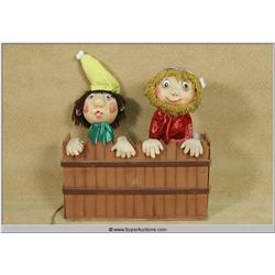 Christmas Animatronics Santa's Elf Helper Pair Behind Fence 