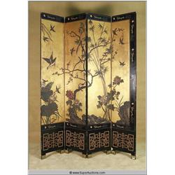 Large 7' Tall Asian Folding Black Lacquer Folding Nature Screen with Brass Face 