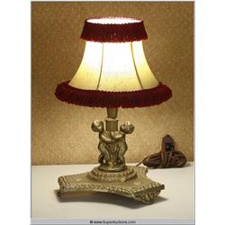 Gold Painted Plaster Putti Cupid Lamp with Ruffled Shade 