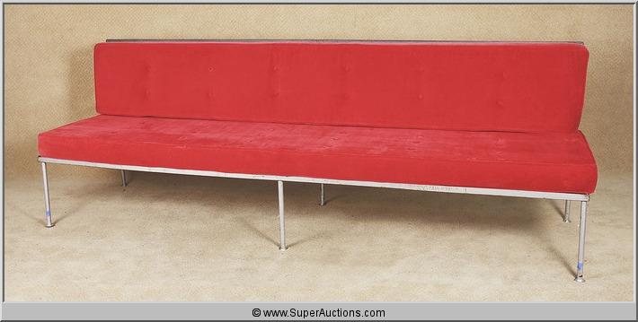 7 Steel Tufted Patio Bench Style Sofa With Blue Red Cushion Set