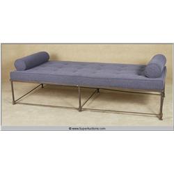 7' Steel Tufted Patio Bench with Extra Wire Frame decorative Bottom and Blue & Red Cushion Set  