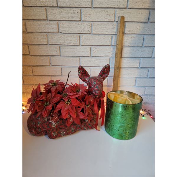 Artificial Poinsettia Deer Center Piece - Green Glass Decoration