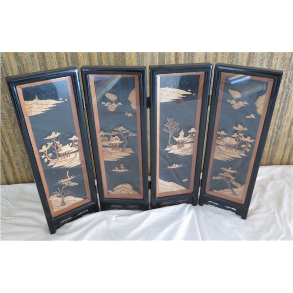 Asian 4 Panel Lacquered Divider w/ Shadow Box Floral Design 24"L x 18"H (Very Fragile)