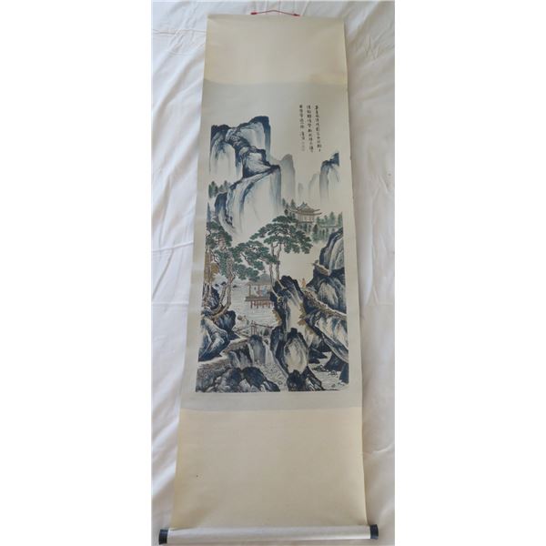 Asian Scroll Artwork w/ Pagoda Scene & Oriental Characters