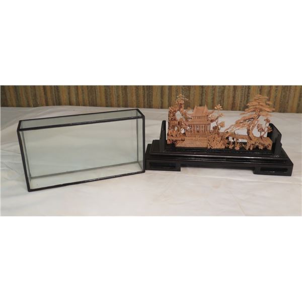 Asian Carved Cork Scene on Black Base w/ Clear Display Cover 12"L x 7"H