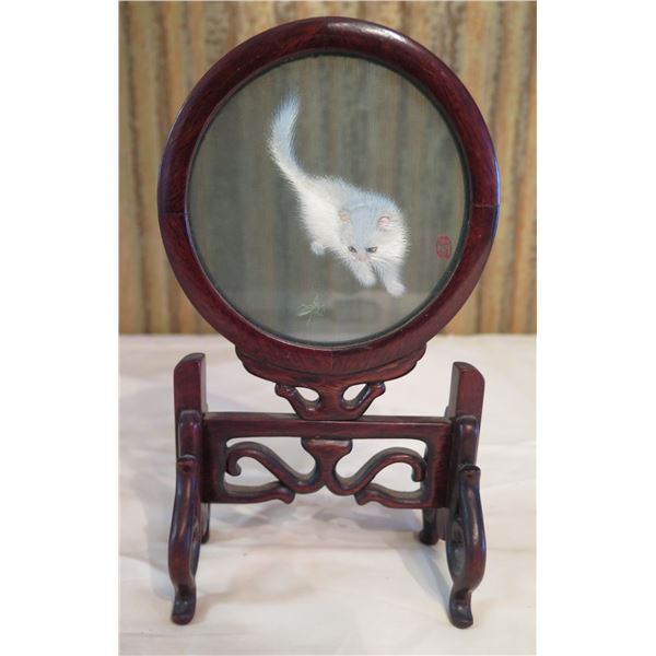Round Cat Artwork on Wooden Stand 7.5"H