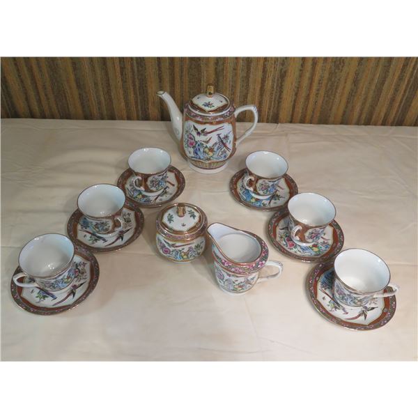Hand-Painted Tea Pot, Creamer & Sugar Bowl w/ 6 Cups & Saucers, Made in China