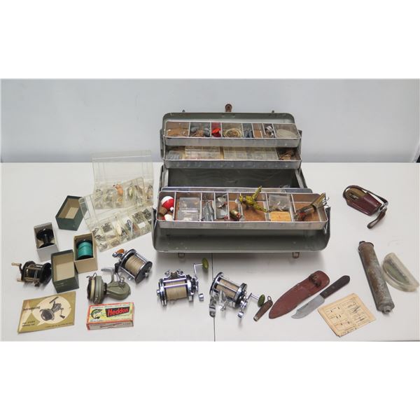 Tackle Box w/ Fishing Reels, Hooks, Lures, Line, etc