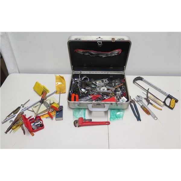 Multiple Hand Tools: Saw, Wrenches, Screwdrivers, Pliers, etc in Metal Case