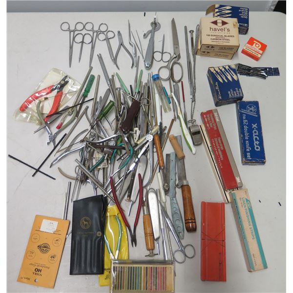 Multiple Havel's Surgical Blades, Forceps, Tweezers, Scissors, X-acto Knife Set, etc