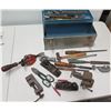 Image 1 : Multiple Hand Tools: C-Clamps, Files, Vintage Hand Drill, Hammers, etc in Metal Box