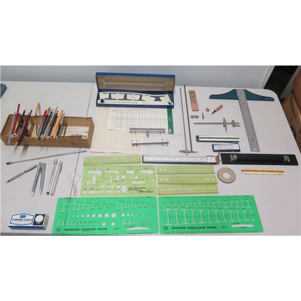 Multiple Rulers, T-Squares, Stencils, Conversion Chart, Pencils, etc