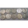 LOT OF 10 90% SILVER FRANKLIN HALF DOLLARS - 1964 