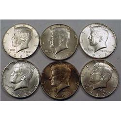 LOT OF 6 90% SILVER KENNEDY HALF DOLLARS - 1964 OR