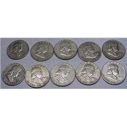 LOT OF 10 90% SILVER FRANKLIN HALF DOLLARS - 1964 