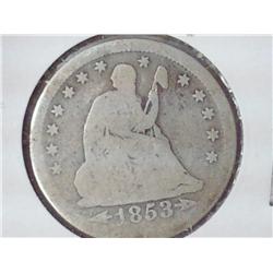 1853 Arrows And Rays Seated Liberty Quarter