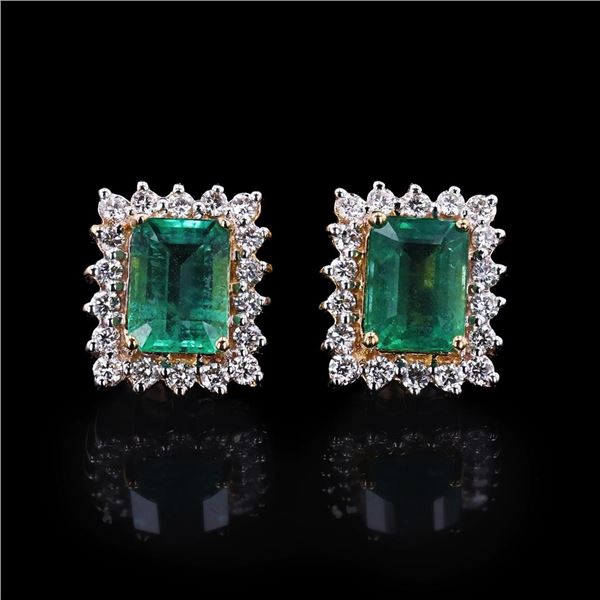 2.99 ctw Emerald and 0.66 ctw Diamond 18K Yellow Gold Earrings