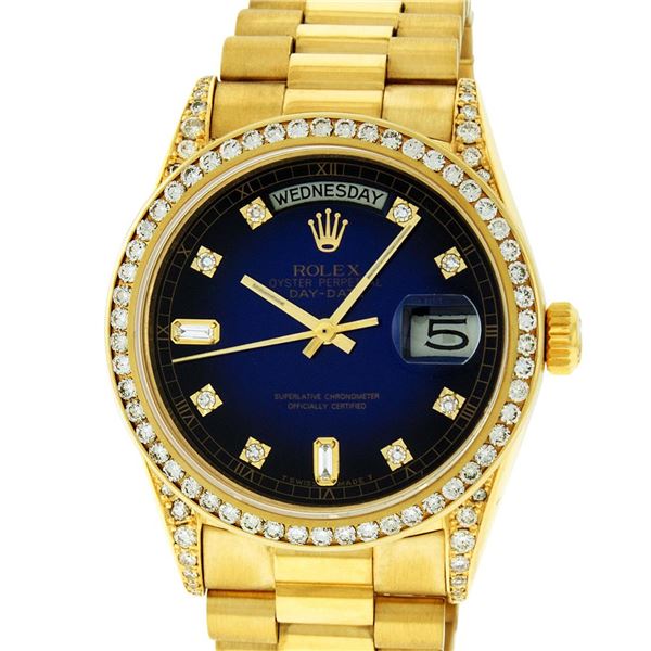Rolex Mens 18K Yellow Blue Vignette Diamond Lugs Quickset President Wristwatch