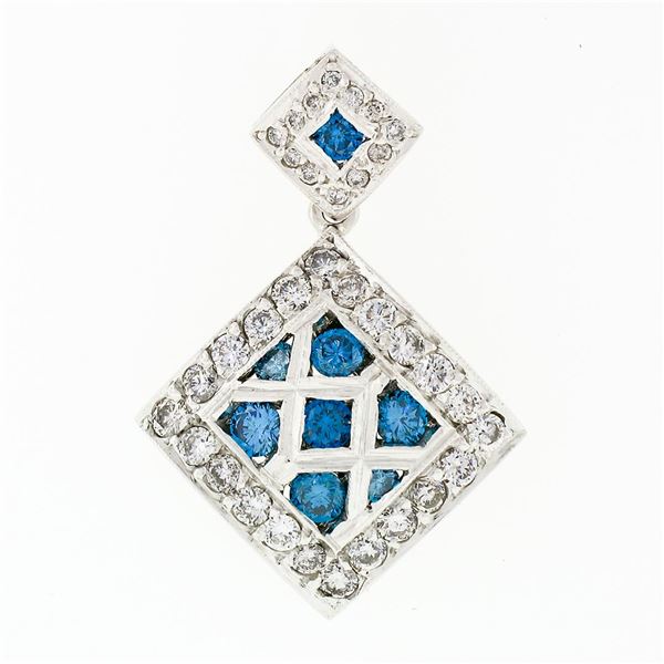 14k White Gold 1.42 ctw Blue & White Diamond Geometric Dual Square Dangle Pendan