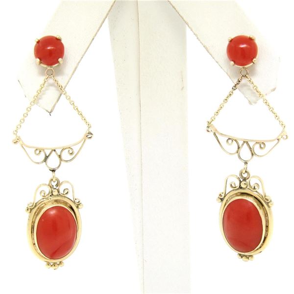 Antique 14K Yellow Gold Round & Oval Cabochon Coral Open Dangle Drop Earrings