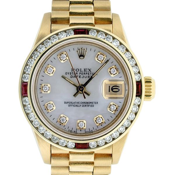 Rolex Ladies 18K Yellow Gold MOP Diamond & Ruby President Wristwatch