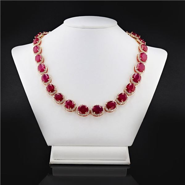 127.44 ctw Ruby and12.63 ctw Diamond 14K Yellow Gold Necklace