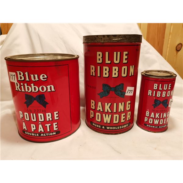 Blue Ribbon Baking Powder tins, 3 sizes - Schmalz Auctions